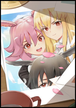 3girls animal_ears black_hair blonde_hair cup fate/grand_order fate_(series) hair_between_eyes highres hildr_(fate) long_hair looking_at_viewer multiple_girls open_mouth ortlinde_(fate) petals photo_(object) pink_hair red_eyes short_hair smile thrud_(fate) valkyrie_(fate) zhourues