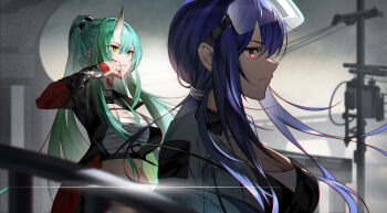 2girls absurdres arknights bandaged_chest bandaged_neck bandages blood blood_on_face breasts ch&#039;en_(arknights) ch&#039;en_the_holungday_(arknights) ch&#039;en_the_holungday_(holiday)_(arknights) chinese_commentary cleavage closed_mouth commentary_request cowboy_shot from_side green_hair hair_between_eyes highres horns hoshiguma_(arknights) hoshiguma_the_breacher_(arknights) injury large_breasts long_hair multiple_girls official_alternate_costume parted_lips red_eyes sidelocks single_horn upper_body yellow_eyes ztianyoshino