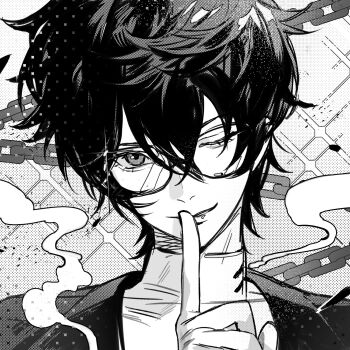 Rule 34 | 1boy, ;), amamiya ren, chain, chinese commentary, commentary request, finger to mouth, glasses, glint, greyscale, highres, jacket, lin09, looking at viewer, male focus, monochrome, one eye closed, persona, persona 5, portrait, screentones, smile, smoke, solo, sparkle, turtleneck