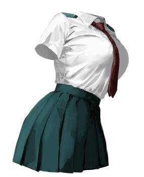 1girl boku_no_hero_academia breasts collared_shirt commentary cowboy_shot green_skirt hagakure_toru highres invisible large_breasts necktie pleated_skirt raberu_ruru red_necktie school_uniform shirt shirt_tucked_in short_sleeves shoulder_boards simple_background skirt solo symbol-only_commentary tented_shirt u.a._school_uniform white_background white_shirt