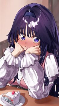 Rule 34 | 1girl, black hair, black hairband, blue eyes, blush, cake, cake slice, clip studio paint (medium), commentary, elbows on table, embarrassed, eyelashes, film grain, food, fruit, furrowed brow, hair between eyes, hair intakes, hairband, hands on own cheeks, hands on own face, hands up, highres, indoors, kaoru hana wa rin to saku, long hair, long sleeves, looking at viewer, making-of available, nose blush, parted lips, puffy long sleeves, puffy sleeves, shirt, sidelocks, solo, strawberry, taroekaki, upper body, upturned eyes, very long hair, waguri kaoruko, white shirt