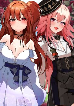 2girls :d absurdres black_bow black_bowtie black_choker black_eyes black_hat black_skirt blush bow bowtie breasts choker cleavage closed_mouth collared_shirt commentary cosplay costume_switch daiya_fortuna dress english_commentary frown hat heterochromia highres lottie_shinju multiple_girls open_mouth outline pink_eyes pink_hair pixellink red_eyes red_hair second-party_source shirt side_ponytail skirt smile striped_bow striped_bowtie striped_clothes suspender_skirt suspenders tongue usahana101 virtual_youtuber white_dress white_shirt