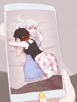 3girls blanket cellphone hiwonoafu lying multiple_girls nail_polish nightgown on_stomach pajamas phone ruby_rose rwby scroll_(rwby) sleeping sleeping_on_person sleepwear smartphone taking_picture tank_top weiss_schnee yang_xiao_long yellow_nails yuri