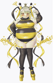 1girl @_@ absurdres antennae bee_costume bee_hair_ornament belly big_belly black_hair black_leotard black_nails black_sleeves black_thighhighs blonde_hair blush bottle breasts covered_navel crown detached_sleeves drill_hair empty_bottle fake_antennae fat fat_woman fur-trimmed_sleeves fur_trim grey_hair hand_on_own_hip heart high_heels highres holding holding_bottle honey leotard licking_lips long_hair medium_breasts mini_crown multicolored_hair original orristerioso platform_heels quad_tails red_eyes shoes solo squiggle standing striped_clothes striped_leotard thighhighs tongue tongue_out very_long_hair yellow_leotard yellow_lips yellow_nails yellow_shoes