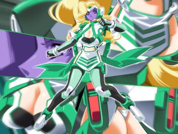 1girl ass blonde_hair bodysuit breasts cleavage clothing_cutout face_shield full_body game_cg gan-chan_(artist) hitozuma_sentai_aisaiger large_breasts long_hair magical_girl mask mecha_musume multiple_views non-web_source official_art purple_eyes saiger_lily sophie_andrea_yukitou thighhighs thong underwear variant_set zoom_layer