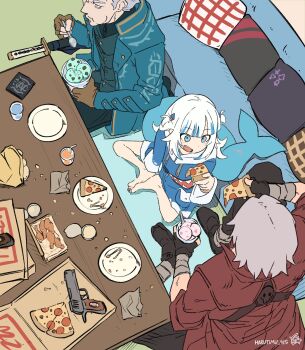 Rule 34 | 1girl, 2boys, barefoot, black gloves, black pants, blue hoodie, blue jacket, blue streaks, brothers, dante (devil may cry), devil may cry (series), eating, fingerless gloves, food, gawr gura, gawr gura (1st costume), gloves, gun, harutimu, highres, holding, holding spoon, hololive, hololive english, hood, hoodie, ice cream, jacket, looking at another, medium hair, multicolored hair, multiple boys, open mouth, pants, pizza, red jacket, siblings, smile, spoon, streaked hair, two side up, vergil (devil may cry), virtual youtuber, weapon, white hair