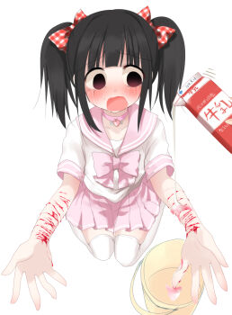 1girl bad_id bad_pixiv_id black_hair blood bow bucket copyright_request crying drink_carton hair_bow highres milk_carton non-web_source school_uniform screaming self-harm solo textless_version translation_request twintails white_background wrist_cutting yuyulovedoz
