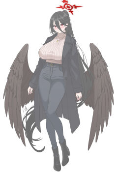 1girl absurdres alternate_costume belt black_boots black_coat black_hair black_wings blue_archive blue_pants blush boots breasts brown_sweater casual coat commentary denim feathered_wings full_body hair_between_eyes halo hasumi_(blue_archive) high-waist_pants highres huge_breasts impossible_clothes impossible_sweater jeans jewelry long_hair long_hair_between_eyes long_sleeves loosely_tucked_bangs low_wings mole mole_under_eye necklace pants ponytail red_eyes red_halo revision runarie signature simple_background solo sweater taut_clothes turtleneck turtleneck_sweater very_long_hair white_background wings