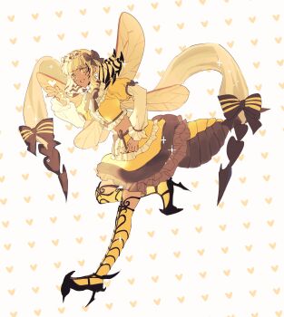 Rule 34 | 1girl, absurdres, arthropod girl, arthropod tail, bee girl, bee wings, black hair, black shoes, blonde hair, bow, breasts, brown bow, crop top, facial mark, ff topet, final fantasy, final fantasy xiv, floating, flower, full body, green eyes, hair bow, hair flower, hair ornament, heart, heart print, heterochromia, high heels, highres, honey b. lovely, insect girl, insect wings, layered sleeves, long sleeves, looking at viewer, medium breasts, medium hair, midriff, monster girl, multicolored hair, nail polish, open mouth, petticoat, print background, shirt, shoes, skirt, smile, solo, sparkle, stiletto heels, streaked hair, thighhighs, wings, yellow eyes, yellow nails, yellow shirt, yellow skirt, yellow thighhighs