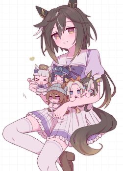 >_< 6+girls ahoge animal_ears beanie black_hair blue_eyes blunt_bangs blush bow bowtie brown_eyes brown_hair brown_hat closed_eyes closed_mouth commentary_request dice dice_necklace dream_journey_(umamusume) ear_covers ear_ribbon ears_through_headwear fenomeno_(umamusume) flipped_hair glasses gold_ship_(umamusume) grey_hair grey_hat hair_between_eyes hat heart highres holding horse_ears horse_girl horse_tail jewelry long_hair looking_at_viewer multicolored_hair multiple_girls nakayama_festa_(umamusume) necklace open_mouth orange_hair orfevre_(umamusume) peaked_cap pillbox_hat pleated_skirt puffy_short_sleeves puffy_sleeves purple_bow purple_bowtie purple_eyes purple_hair purple_shirt rsusk189 sailor_collar sailor_shirt school_uniform shirt short_sleeves single_ear_cover skirt smile stay_gold_(umamusume) stay_gold_clan_(umamusume) streaked_hair tail thighhighs tracen_school_uniform two-tone_hair umamusume white_hair white_sailor_collar white_skirt white_thighhighs