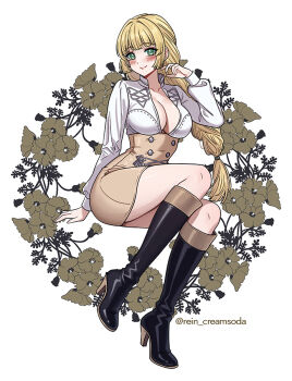1girl artist_name black_boots blonde_hair boots braid braided_ponytail breasts cleavage fire_emblem fire_emblem:_three_houses garreg_mach_monastery_uniform green_eyes high_collar high_heel_boots high_heels ingrid_brandl_galatea invisible_chair large_breasts long_hair long_sleeves nintendo open_clothes open_shirt partially_unbuttoned rein_creamsoda sitting smile solo thick_thighs thighs white_background