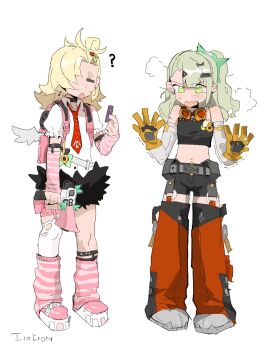 2girls ? arm_warmers backpack bag bandaid black_shorts blonde_hair blush cosplay costume_switch gloves goggles goggles_around_neck green_eyes green_hair hashtag-only_commentary highres holding holding_megaphone liolion77 megaphone midriff multiple_girls navel necktie one_side_up pink_arm_warmers piper_wheel red_necktie shirt shorts single_thighhigh socks striped_clothes striped_socks sunna_(zenless_zone_zero) thighhighs white_shirt yellow_gloves zenless_zone_zero