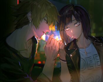 1boy 1girl alternate_costume audio_jack black_jacket black_shirt blonde_hair boku_no_hero_academia cigarette collarbone dao8_33 earplugs earrings hashtag-only_commentary highres holding holding_cigarette holding_lighter jacket jewelry jiro_kyoka kaminari_denki lighter lighting_cigarette long_earlobes long_hair looking_at_another purple_hair shirt short_hair upper_body veins veiny_arms veiny_hands white_shirt