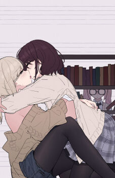 3girls black_pantyhose blush bookshelf brown_hair brown_sweater cardigan commentary_request french_kiss girls_band_cry glasses grey_cardigan grey_eyes grey_hair grey_skirt hair_down highres hina_(girls_band_cry) iseri_nina kawaragi_momoka kiss long_hair long_sleeves multiple_girls off_shoulder pantyhose pantyhose_under_shorts pink_hair pleated_skirt saliva shorts skirt sweater twintails undressing_another yun_cao_bing yuri