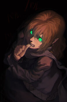 Rule 34 | 1girl, arm warmers, biting, biting own thumb, black background, blonde hair, brown shirt, clenched teeth, commentary, cowboy shot, glowing, glowing eyes, green eyes, looking at viewer, mizuhashi parsee, paru paru, pointy ears, purple skirt, scarf, sendai (nazonomono), shirt, short hair, short sleeves, skirt, solo, teeth, biting own thumb, touhou, white scarf