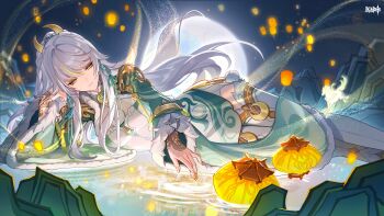 Rule 34 | 1girl, absurdres, arm support, braid, chinese clothes, chinese commentary, closed mouth, commentary request, crescent, crescent hair ornament, dress, earrings, fur trim, genshin impact, hair ornament, high ponytail, highres, jewelry, long hair, long sleeves, looking at viewer, lying, multicolored hair, official art, on side, ponytail, smile, solo, white dress, white hair, yellow eyes, zibai (genshin impact)