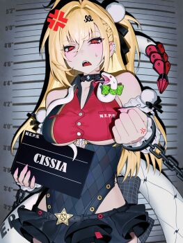 Rule 34 | 1girl, ahoge, angry, bare shoulders, black skirt, blonde hair, blush, breasts, captured, chain, chalky (zenless zone zero), cissia (zenless zone zero), cuffs, detached sleeves, fangs, gyuing666, hair between eyes, hair ornament, handcuffs, highres, holding, holding weapon, leotard, long hair, looking at viewer, metal arm cuffs, metal wrist cuffs, miniskirt, multicolored leotard, open mouth, pink nails, pom pom (clothes), pom pom hair ornament, prison, prisoner, red eyes, second-party source, shock collar, skirt, snake, snake girl, snake tail, solo, tail, thighhighs, two-tone leotard, underboob, weapon, white snake, zenless zone zero