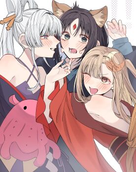 Rule 34 | 3girls, @ @, absurdres, animal ears, bare shoulders, black hair, blonde hair, blue eyes, blush, cho kaguya-hime!, commentary request, crescent, crescent hair ornament, forehead jewel, fox ears, girl sandwich, green eyes, hair ornament, hair rings, hand on another's chin, highres, japanese clothes, kaguya (cho kaguya-hime!), kimono, long hair, multicolored eyes, multiple girls, one eye closed, open mouth, orange eyes, purple eyes, purple kimono, red kimono, runami yachiyo, sakayori iroha, sandwiched, smile, sweat, tasuperu, twintails, two-tone eyes, white hair, yuri