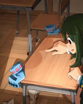 2girls :p absurdres ass asui_tsuyu black_eyes blue_gloves blush boku_no_hero_academia chair derivative_work desk gloves green_hair hagakure_toru highres imminent_poke indoors invisible khyle. long_hair multiple_girls school_desk shoes tongue tongue_out white_footwear