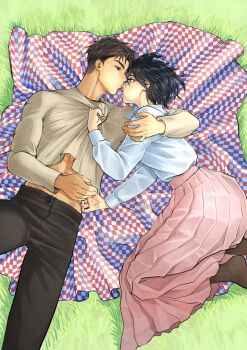 1boy 1girl black_hair black_pants brown_hair brown_pantyhose closed_mouth commentary couple english_commentary eren_yeager feet_out_of_frame from_above from_side grass hagane_no hand_on_another's_shoulder hetero highres holding kiss kissing_nose long_sleeves looking_at_another lying midriff_peek mikasa_ackerman on_back on_side pants pantyhose picnic_blanket pink_skirt pout profile shingeki_no_kyojin shirt short_hair skirt white_shirt