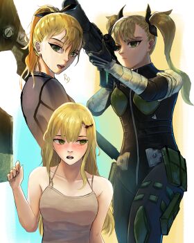 1girl absurdres aiming alternate_hairstyle ammunition_pouch armor axe belt belt_pouch black_bodysuit black_gloves black_ribbon blonde_hair blush bodysuit camisole commentary english_commentary gloves green_eyes grey_camisole gun hair_between_eyes hair_ornament hair_ribbon hairclip highres holding holding_axe holding_gun holding_weapon huge_weapon kaijuu_no._8 long_hair looking_back looking_through_scope looking_to_the_side multiple_views open_mouth over_shoulder ponytail pouch renodude ribbon rifle scope shinomiya_kikoru shoulder_armor sideways_glance signature spaghetti_strap straight_hair sweat thigh_pouch thigh_strap twintails weapon weapon_over_shoulder zipper