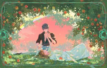 1boy 1girl absurdres apple black_hair brown_hair commentary dress food fruit hand_grab highres jewelry lingcod_dayu lying marius_von_hagen_(tears_of_themis) necklace pectoral_cleavage pectorals rainbow rosa_(tears_of_themis) snake symbol-only_commentary tears_of_themis tree white_dress white_snake