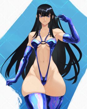 1girl black_hair blue_eyes breasts gabriel_carrasquillo highres kill_la_kill kiryuuin_satsuki long_hair looking_at_viewer medium_breasts pear-shaped_figure simple_background skindentation slingshot_swimsuit solo standing swimsuit thighhighs very_long_hair wide_hips