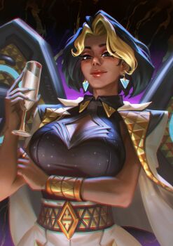 Rule 34 | 1girl, alcohol, blonde hair, bob cut, breast cutout, breasts, champagne, cleavage cutout, clothing cutout, coat, coat on shoulders, dark-skinned female, dark skin, domina (overwatch), eyeshadow, glass, gold bracer, highres, large breasts, looking at viewer, makeup, miniskirt, multicolored hair, overwatch, short hair, single bracer, skirt, solo, tee fuyuan, two-tone hair, white skirt