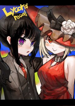 Rule 34 | 2girls, absurdres, black hair, black jacket, black vest, blonde hair, blush, breasts, cleavage, commentary request, copyright name, dress, flower, hat, hat flower, highres, inoue takina, jacket, large breasts, llllwewewe, long hair, looking at viewer, lycoris recoil, multiple girls, necktie, nishikigi chisato, open mouth, ponytail, purple eyes, red dress, red eyes, red hat, red necktie, shirt, short hair, sidelocks, vest, white shirt