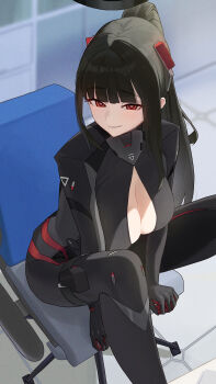 1girl absurdres black_bodysuit black_hair blue_archive blush bodysuit breasts chair cleavage commentary halo highres large_breasts long_hair looking_at_viewer official_alternate_costume official_alternate_hairstyle on_chair open_bodysuit open_clothes parted_lips pomerui ponytail red_eyes red_halo rio_(armed)_(blue_archive) rio_(blue_archive) sitting smile solo