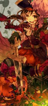 1girl alternate_costume ascot axis_powers_hetalia belt bicorne blush bow candy captain_hook captain_hook_(cosplay) colored_eyelashes corset cosplay female_focus food gloves hair_ribbon halloween happy hat hat_feather heart jack-o&#039;-lantern jacket jacket_on_shoulders jewelry long_image misoko_(misonamezizou) open_mouth pantyhose pirate pirate_hat pumpkin ribbon ring seychelles_(hetalia) sitting skirt solo striped_clothes striped_pantyhose sword tall_image teeth treasure_chest twintails weapon wind yellow_eyes