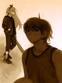 Rule 34 | 1boy, 1girl, absurdres, aubrey (faraway) (omori), aubrey (omori), ball, baseball bat, basketball (object), basketball uniform, blonde hair, brown eyes, brown hair, delinquent, full body, highres, holding, holding ball, kel (faraway) (omori), kel (omori), looking at viewer, omori, r3dhands, simple background, sportswear, wind, wind lift