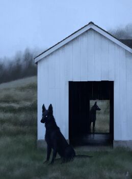abandoned animal animal_focus black_dog black_fur blank_eyes building commentary dappermouth dark day dog door doorway ears_up english_commentary fog grass grey_sky highres hill horror_(theme) house landscape morning no_humans no_pupils on_ground open_door original outdoors profile scenery sitting sky surreal white_eyes wide_shot