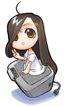 1girl ahoge body_writing brown_eyes brown_hair chibi electric_plug female_focus hirai_yukio japanese_text long_hair robe short_sleeves simple_background smile solo static television the_ring through_medium through_screen unplugged v very_long_hair white_background white_robe yamamura_sadako