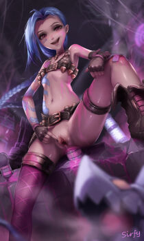 1girl :d anal anal_object_insertion artist_name bandaid bandaid_on_face bare_shoulders belt black_gloves blue_hair braid breasts brown_belt cloud_tattoo fingerless_gloves gloves highres jinx_(league_of_legends) league_of_legends long_hair navel object_insertion open_mouth pink_eyes pink_thighhighs shiny_skin sirfy small_breasts smile tattoo thighhighs twin_braids twintails weapon