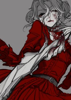 1girl black_sclera blood colored_extremities colored_sclera disembodied_head dress frilled_dress frills frown hair_rings half-closed_eye holding holding_weapon identity_v injury looking_at_viewer mary_(identity_v) partially_colored red_dress red_lips red_theme satou_saori solid_eyes spot_color stitched_neck stitches three-quarter_sleeves wavy_hair weapon