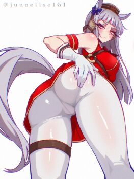 Rule 34 | 1girl, absurdres, animal ears, armband, ass, bare shoulders, blunt bangs, blush, bow, bowtie, breasts, brown hat, cameltoe, closed mouth, commentary, dress, ear bow, ear ribbon, from behind, gloves, gold ship (red strife) (umamusume), gold ship (umamusume), grey hair, hand on own ass, hat, highres, horse ears, horse girl, horse tail, junoelise161, large breasts, long hair, looking at viewer, looking back, pantyhose, pillbox hat, purple eyes, red bow, red bowtie, red dress, simple background, sleeveless, sleeveless dress, solo, striped armband, striped clothes, tail, thigh strap, umamusume, white background, white gloves, white pantyhose