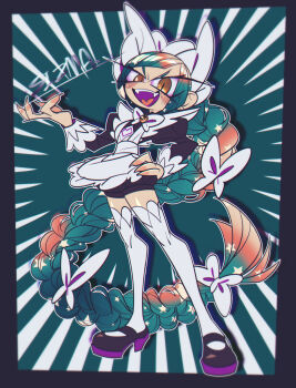 1girl absurdly_long_hair apron black_border black_dress black_shoes blush border bow braid claws commentary_request dress emphasis_lines gradient_hair green_background green_hair hand_on_own_hip heart heart_in_mouth highres lebanne_(pokemon) long_hair looking_at_viewer maid maid_headdress multicolored_hair nintendo pokemon pokemon_legends:_z-a red_hair shadow sharp_teeth shoes simple_background sizma slit_pupils solo teeth thighhighs very_long_hair white_apron white_bow white_thighhighs yellow_eyes