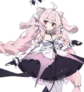 1girl ahoge ame_ame bare_shoulders black_gloves black_skirt blood blood_on_clothes blood_on_face blush closed_mouth collar commission cone_hair_bun cowboy_shot double-parted_bangs double_bun fingerless_gloves fishnet_pantyhose fishnets gloves grey_pantyhose hair_between_eyes hair_bun hand_up heterochromia highres juliet_sleeves long_hair long_sleeves looking_at_viewer orange_eyes original pantyhose pink_hair pleated_skirt puffy_sleeves red_eyes shirt simple_background skirt sleeveless sleeveless_shirt solo spiked_collar spikes two_side_up white_background white_collar white_shirt