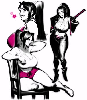 1girl absurdres arms_behind_head bare_shoulders black_boots black_gloves black_jacket black_pants boots breasts chair cherry_blossom_print cleavage closed_mouth collarbone fatal_fury fatal_fury:_city_of_the_wolves female_focus floral_print gloves grin hand_fan high_heel_boots high_heels high_ponytail highres holding holding_fan jacket japanese_clothes large_breasts looking_at_viewer midriff monochrome multiple_views official_alternate_costume pants pink_shorts ponytail sandals shiranui_mai shiranui_mai_(casual) shorts sitting smile snk source_request street_fighter street_fighter_6 tank_top teeth white_background white_tank_top zelus