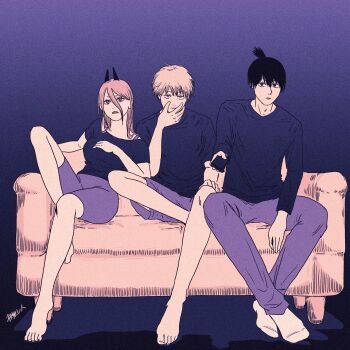 1girl 2boys adam's_apple barefoot black_hair blonde_hair blue_background blue_eyes blue_shirt bra_strap chainsaw_man couch denji_(chainsaw_man) feet hair_tied hair_tied_back hair_tied_up hayakawa_aki highres horns long_hair long_sleeves looking_at_viewer multiple_boys nenashibito pants pink_couch pink_eyes pink_hair power_(chainsaw_man) purple_pants purple_shorts remote shirt short_hair short_sleeves shorts t-shirt toes unusual_pupils yellow_eyes