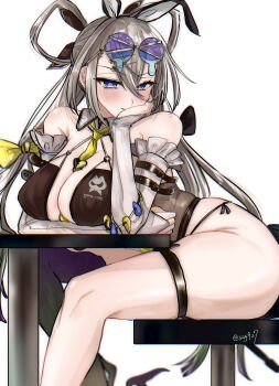 1girl animal_ears bare_shoulders black_one-piece_swimsuit blush breasts cleavage detached_collar detached_sleeves eyewear_on_head fake_animal_ears fate/grand_order fate_(series) grey_hair hahahano927 hair_between_eyes hair_rings highleg highleg_one-piece_swimsuit highres huyan_zhuo_(fate) huyan_zhuo_(swimsuit_berserker)_(fate) large_breasts long_hair looking_at_viewer low_twintails necktie one-piece_swimsuit plunging_neckline purple_eyes solo stool sunglasses swimsuit table thigh_strap thighs twintails very_long_hair