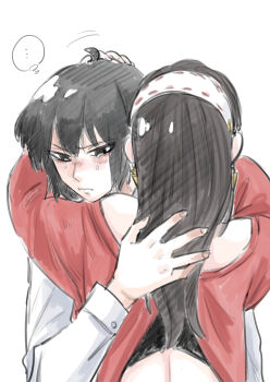 ... 1boy 1girl absurdres ahoge ayuhata_toba backless_outfit black_eyes black_hair blush brother_and_sister closed_mouth comforting commentary_request crying crying_with_eyes_open dress_shirt earrings family_bonding gold_earrings hairband hand_on_another's_back highres hug jewelry long_hair long_sleeves median_furrow motion_lines off-shoulder_sweater off_shoulder red_sweater shirt short_hair siblings simple_background speech_bubble spoken_ellipsis spy_x_family sweater tears thought_bubble upper_body white_background white_hairband white_shirt yor_briar yuri_briar