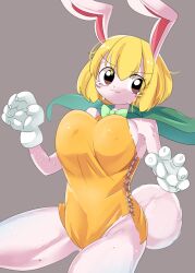 Rule 34 | 1girl, :3, animal ears, blonde hair, bow, bowtie, breasts, brown eyes, cape, carrot (one piece), closed mouth, commentary request, cowboy shot, furry, furry female, gloves, green bow, green bowtie, green cape, grey background, large breasts, leotard, lets0020, looking at viewer, medium bangs, one piece, rabbit ears, rabbit girl, rabbit tail, short hair, simple background, solo, tail, tearing up, white gloves, yellow leotard