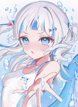 Rule 34 | 1girl, absurdres, arched bangs, asa going, blue eyes, blue streaks, blush, breasts, commentary request, fins, fish skeleton hair ornament, fish tail, gawr gura, gradient background, hand up, highres, hololive, hololive english, long hair, looking at viewer, multicolored hair, one-piece swimsuit, open mouth, reaching, reaching towards viewer, shark girl, shark tail, small breasts, solo, streaked hair, swimsuit, symbol in eye, tail, two side up, upper body, virtual youtuber, water, water drop, white hair, white one-piece swimsuit