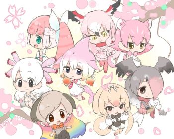 10s 6+girls :3 animal_ears anteater_ears anteater_tail apron arms_at_sides bare_shoulders belt bird_tail bird_wings black_eyes black_hair black_legwear blonde_hair blue_hair blunt_bangs bow bowtie braid brown_bow brown_bowtie brown_eyes brown_legwear brown_shirt brown_skirt buttons cetacean_tail cherry_blossoms chibi chinese_white_dolphin_(kemono_friends) claw_pose collar color_connection commentary_request darwin&#039;s_finch_(kemono_friends) dress eyelashes fairy_wings fins fish_tail flower french_braid frilled_apron frills from_behind from_side full_body fur_collar gloves gradient_hair greater_flamingo_(kemono_friends) green_belt green_eyes green_hair grey_hair hair_between_eyes hair_ornament hair_over_one_eye hairband hands_up head_wings heart heart_hands high_ponytail jacket jitome jumping kemono_friends knees_together_feet_apart leg_lift light_brown_hair long_hair long_sleeves looking_at_viewer looking_back low_twintails mexico_salamander_(kemono_friends) midriff multicolored_hair multicolored_legwear multiple_girls necktie orange_hair outdoors outstretched_arms panther_ears pantyhose peach_panther_(kemono_friends) petals pink-backed_pelican_(kemono_friends) pink-char:backed_pelican_(kemono_friends) pink_bow pink_bowtie pink_fairy_armadillo_(kemono_friends) pink_gloves pink_hair pink_jacket pink_legwear pink_skirt pink_theme ponytail puffy_short_sleeves puffy_sleeves rainbow_hair raised_eyebrows red_bow red_bowtie red_hair red_legwear red_scarf ribbon sailor_collar sailor_dress salamander_tail scarf shirt short_hair short_sleeves shorts silky_anteater_(kemono_friends) sketch skirt sleeveless sleeveless_shirt standing standing_on_one_leg strapless strapless_dress swept_bangs tail tareme tatsuno_newo traditional_bowtie tree tsurime twintails twitter_username two-tone_hair very_long_hair white_apron white_background white_bow white_dress white_hair white_hairband white_ribbon white_shirt white_shorts wing_collar wings yellow_eyes