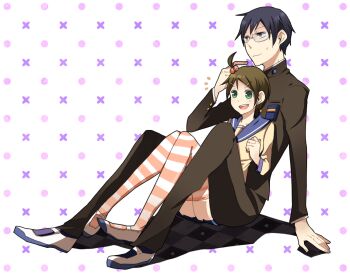 Rule 34 | 1boy, 1girl, black hair, brown hair, corpse party, glasses, green eyes, hair bobbles, hair ornament, hairclip, morishige sakutarou, nodokuroame, polka dot, polka dot background, school uniform, serafuku, shoes, short hair, suzumoto mayu, thighhighs, uwabaki