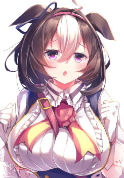 Rule 34 | absurdres, ahoge, animal ears, bag, blue dress, blush, bow, breasts, brown hair, commentary request, double-parted bangs, dress, ear ribbon, flower, gloves, hair between eyes, hairband, headband, highres, horse ears, horse girl, kanzakietc, large breasts, long sleeves, looking at viewer, meisho doto (turbulent blue) (umamusume), meisho doto (umamusume), multicolored hair, neck ribbon, open mouth, pink hairband, pink headband, purple eyes, red flower, ribbon, shirt, short hair, shoulder bag, simple background, two-tone hair, umamusume, upper body, white background, white gloves, white hair, white shirt