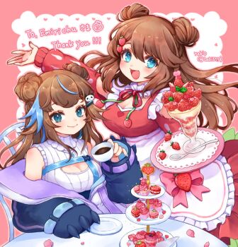 2girls :d absurdres apron bare_shoulders black_jacket blue_eyes blue_hair blue_nails border bow bow_apron breasts brown_hair chair choker cleavage closed_mouth clothing_cutout commentary_request commission cowboy_shot cup double-parted_bangs double_bun dress emirichu_(character) food frilled_apron frilled_choker frills fruit hair_between_eyes hair_bun hair_ornament hand_on_table hand_up heart heart_hair_bun highres holding holding_cup holding_plate ice_cream indie_virtual_youtuber jacket jacket_partially_removed light_particles long_hair long_sleeves looking_at_viewer maid_apron medium_breasts multicolored_hair multiple_girls nail_polish on_chair open_clothes open_jacket open_mouth outline outside_border outstretched_arm panda_hair_ornament pink_border pink_bow pink_choker pink_outline plate puffy_long_sleeves puffy_sleeves rabio_(labi555) red_dress red_nails ribbed_sweater ribbon_choker round_table shoulder_cutout sidelocks simple_background sitting skeb_commission sleeveless sleeveless_sweater sleeveless_turtleneck smile spoon standing strawberry streaked_hair sundae sweater table tea teacup tiered_tray tongue turtleneck turtleneck_sweater twitter_username two-tone_hair upper_body virtual_youtuber white_apron white_background white_sweater