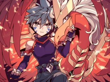 1boy beyblade bird bracelet detached_sleeves facial_mark fingerless_gloves gloves grey_eyes grey_hair hiwatari_kai iriko_(aoito) jewelry male_focus pectorals phoenix solo